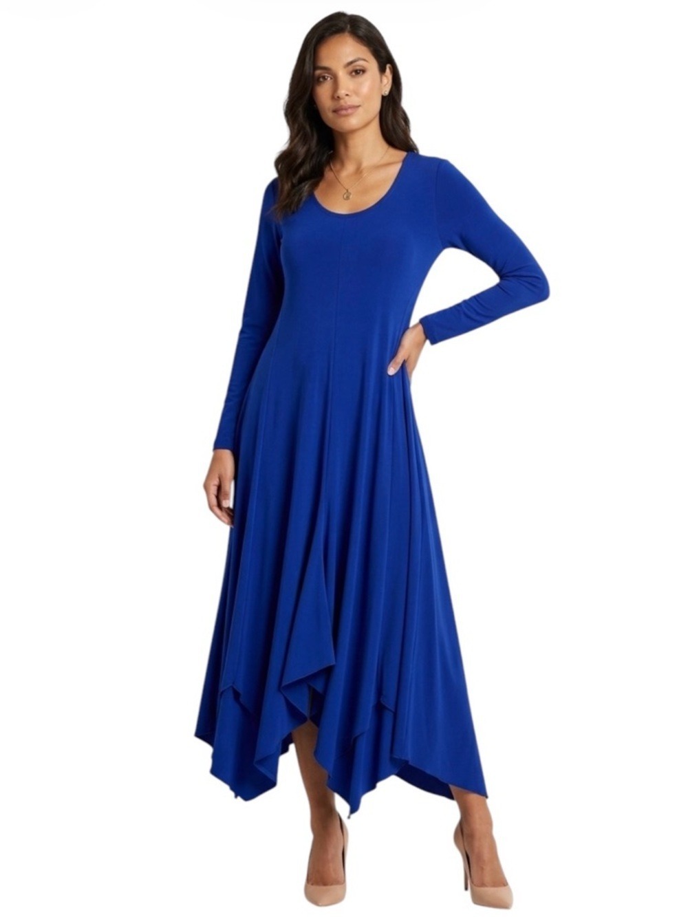 Sympli Long Sleeve Handkerchief Hem Dress in Royal Blue Size 8